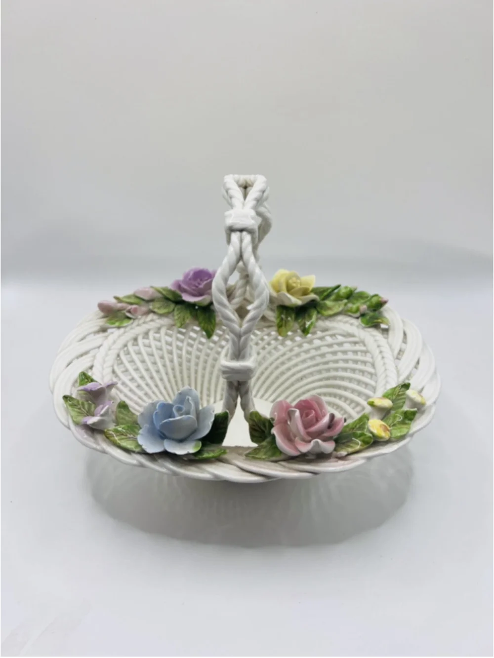 Vintage Spanish Woven Porcelain Basket White 3D Floral Pastel Made In Spain